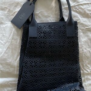Tory Burch Lattice Cut Laser Navy Tote Bag weekender Beach Vegan Leather